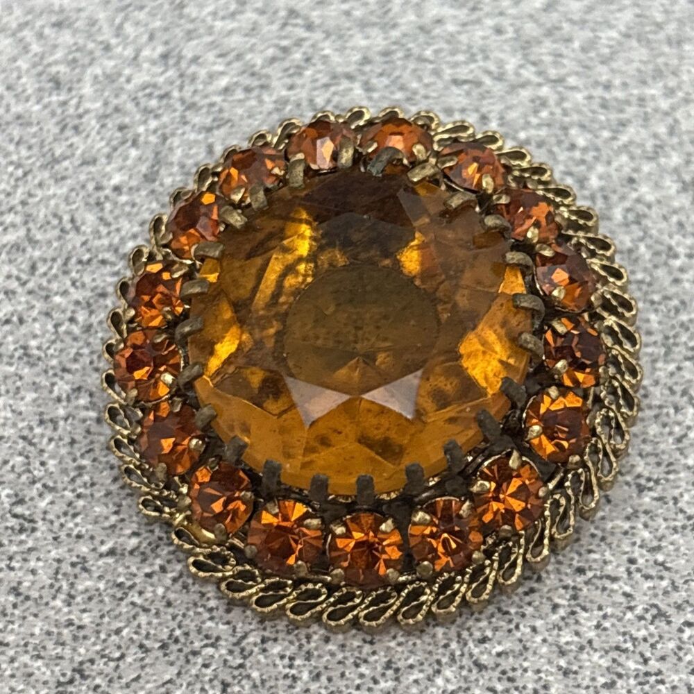 Vintage Rhinestone Brooch, Costume Jewelry,  Amber & Coral Stones, Austria